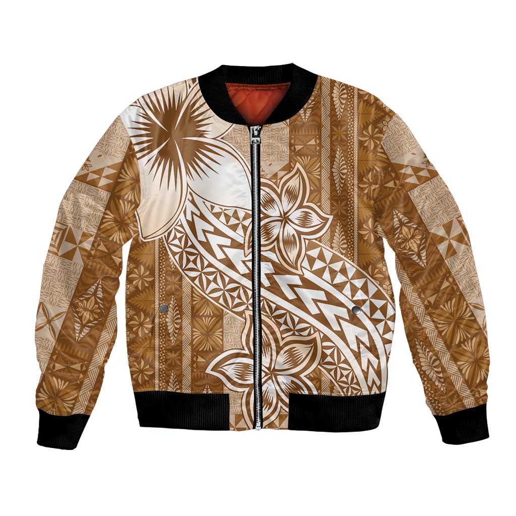 Tonga Kupesi Ngatu Bomber Jacket Vintage Brown Plumeria LT05 Unisex Brown - Polynesian Pride