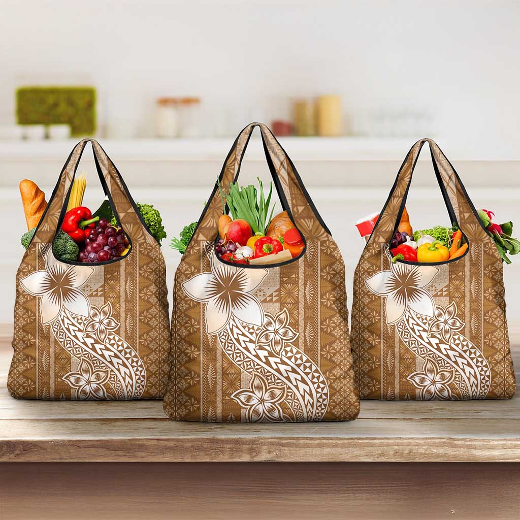 Tonga Kupesi Ngatu Grocery Bag Vintage Brown Plumeria LT05 3-pack One Size Brown - Polynesian Pride