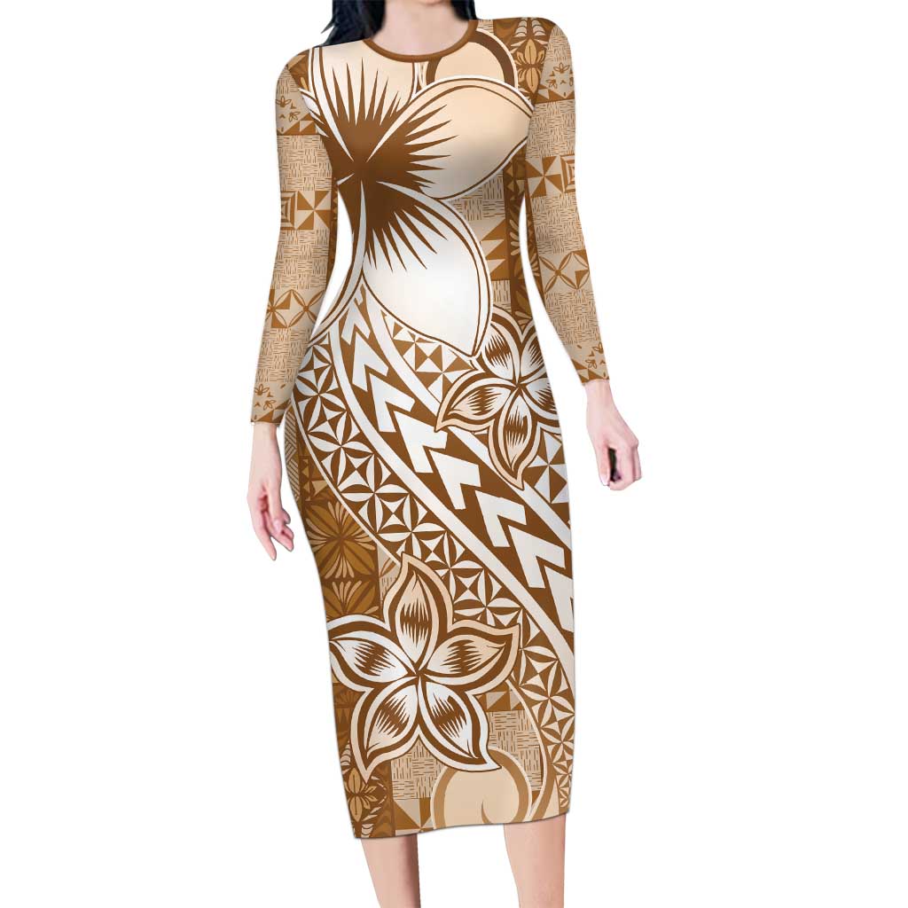 Tonga Kupesi Ngatu Long Sleeve Bodycon Dress Vintage Brown Plumeria LT05 Long Dress Brown - Polynesian Pride