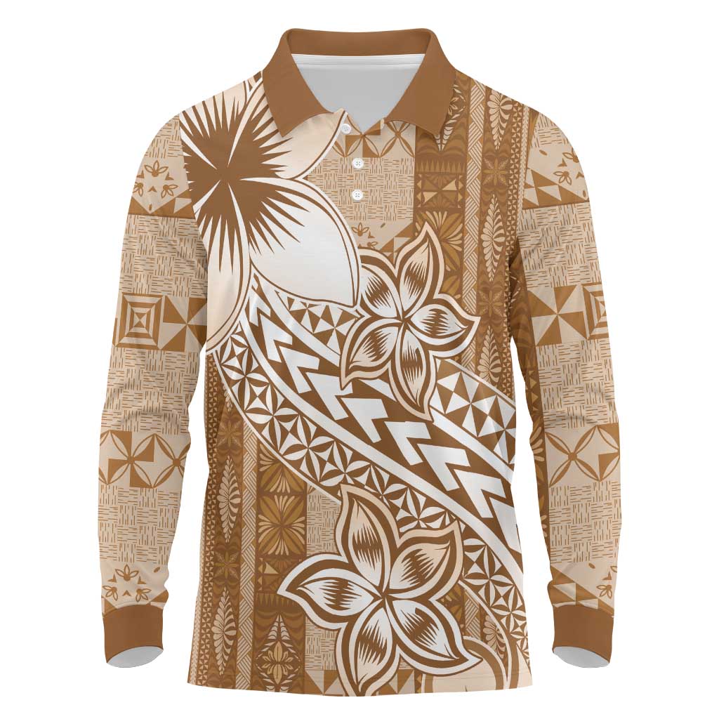 Tonga Kupesi Ngatu Long Sleeve Polo Shirt Vintage Brown Plumeria LT05 Brown - Polynesian Pride