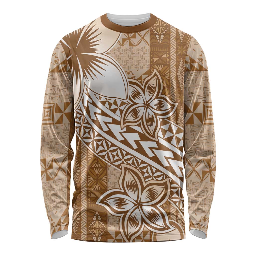 Tonga Kupesi Ngatu Long Sleeve Shirt Vintage Brown Plumeria LT05 Unisex Brown - Polynesian Pride