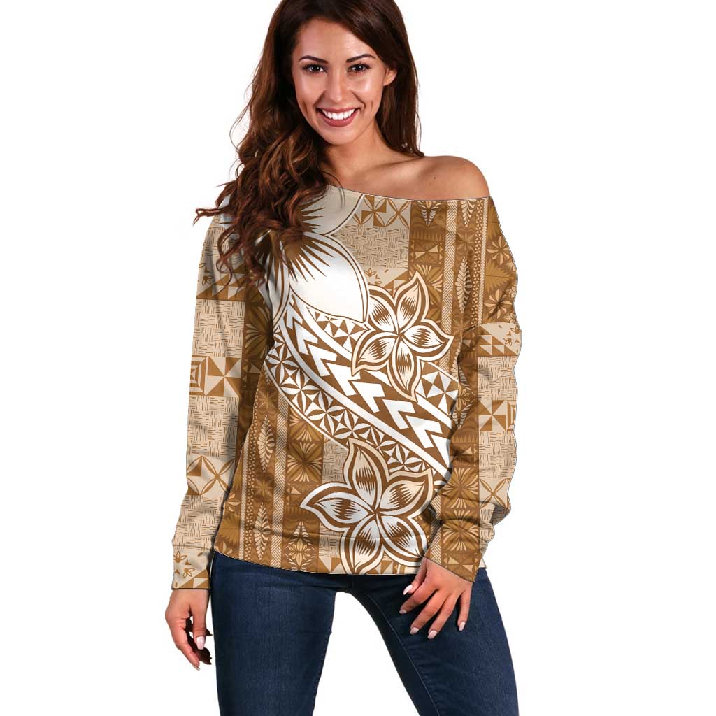 Tonga Kupesi Ngatu Off Shoulder Sweater Vintage Brown Plumeria LT05 Women Brown - Polynesian Pride