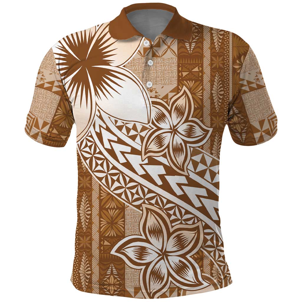 Tonga Kupesi Ngatu Polo Shirt Vintage Brown Plumeria LT05 Brown - Polynesian Pride