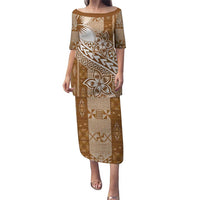 Tonga Kupesi Ngatu Puletasi Vintage Brown Plumeria LT05 Long Dress Brown - Polynesian Pride