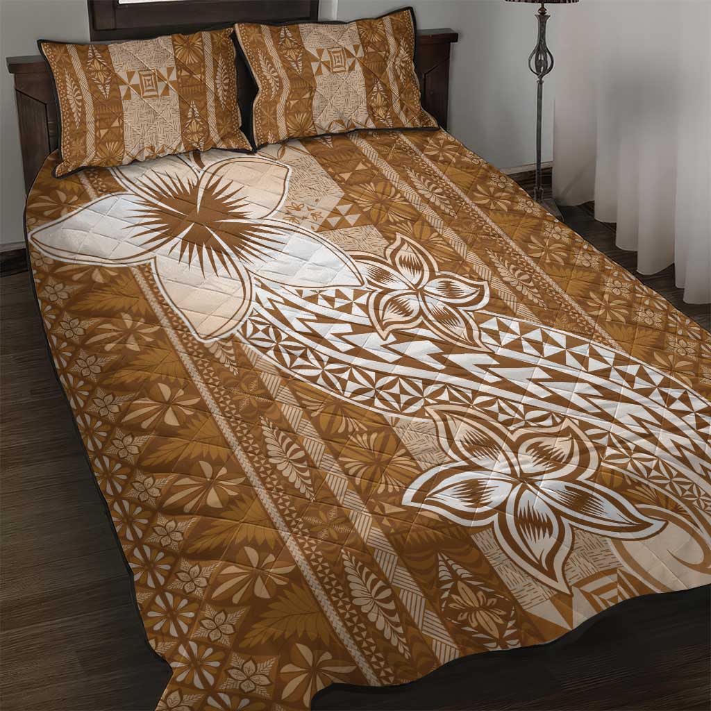 Tonga Kupesi Ngatu Quilt Bed Set Vintage Brown Plumeria LT05 Brown - Polynesian Pride