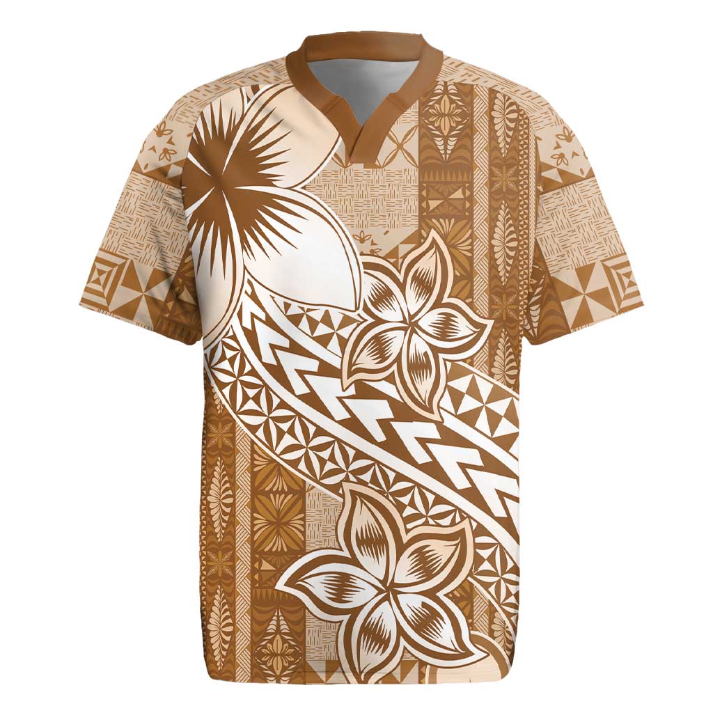 Tonga Kupesi Ngatu Rugby Jersey Vintage Brown Plumeria LT05 Brown - Polynesian Pride