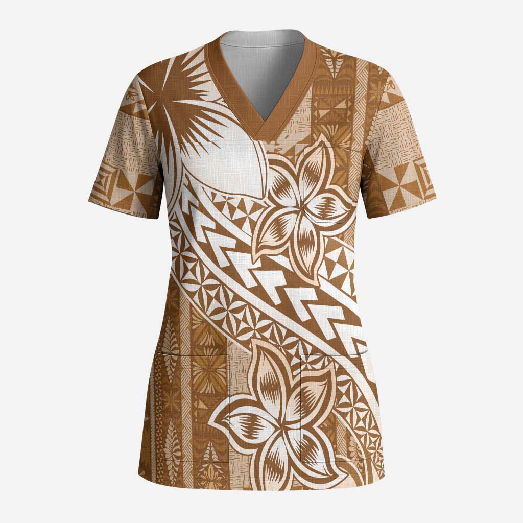 Tonga Kupesi Ngatu Scrub Top Vintage Brown Plumeria LT05 Adult Brown - Polynesian Pride