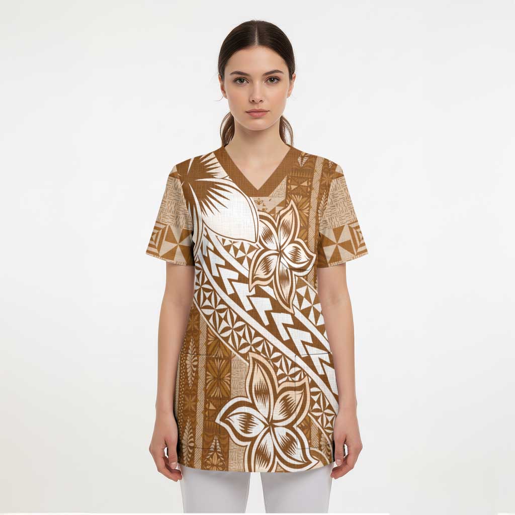 Tonga Kupesi Ngatu Scrub Top Vintage Brown Plumeria LT05 - Polynesian Pride
