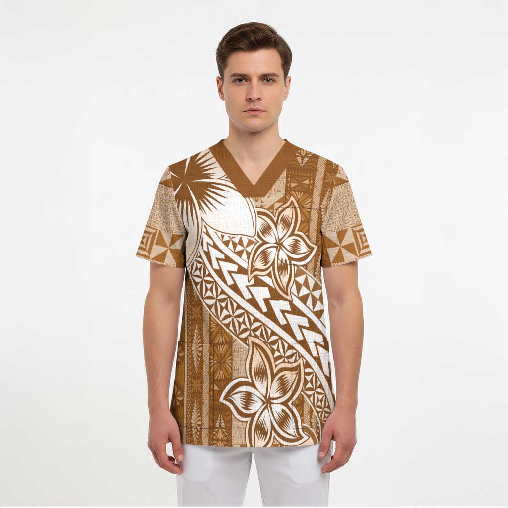 Tonga Kupesi Ngatu Scrub Top Vintage Brown Plumeria LT05 - Polynesian Pride