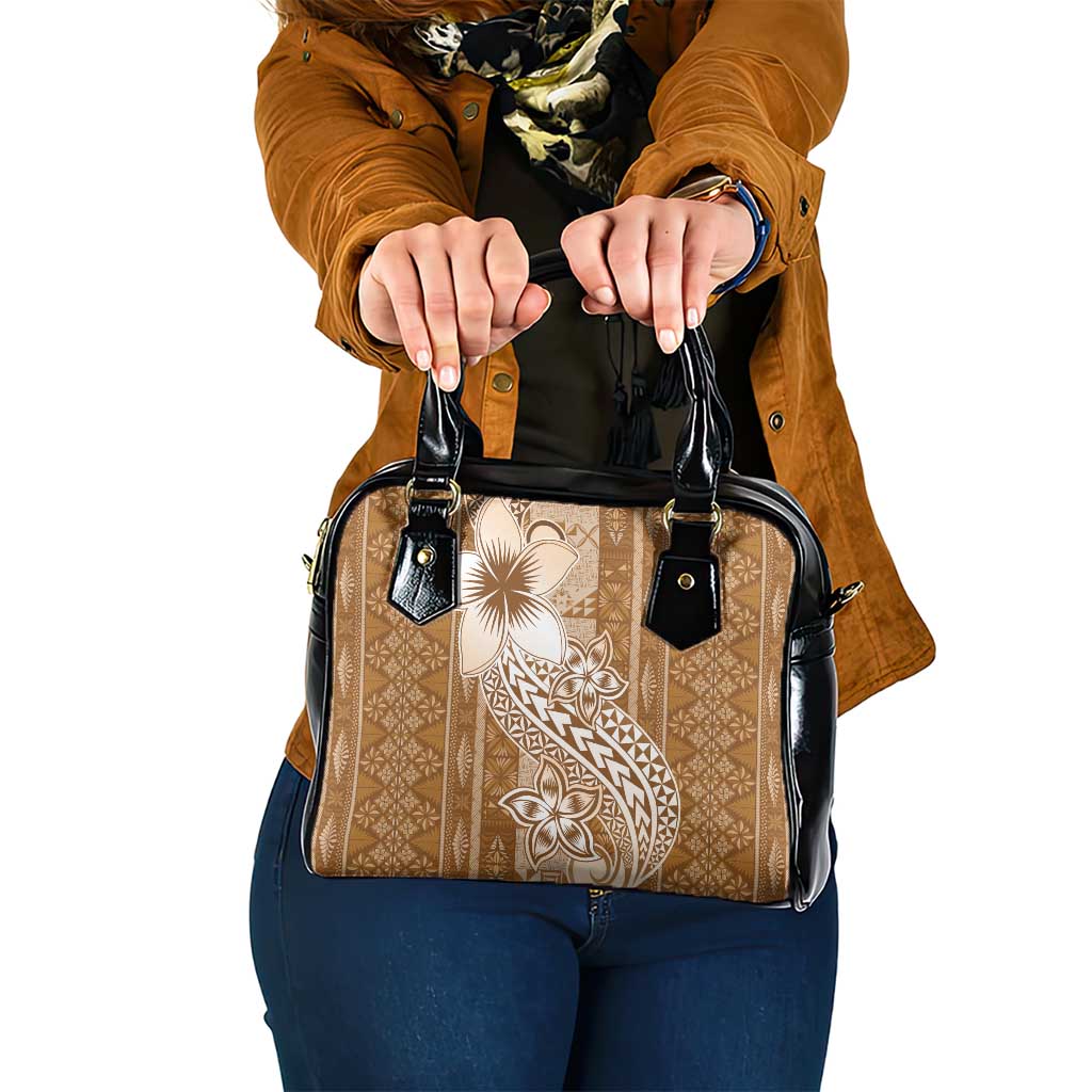 Tonga Kupesi Ngatu Shoulder Handbag Vintage Brown Plumeria LT05 One Size Brown - Polynesian Pride