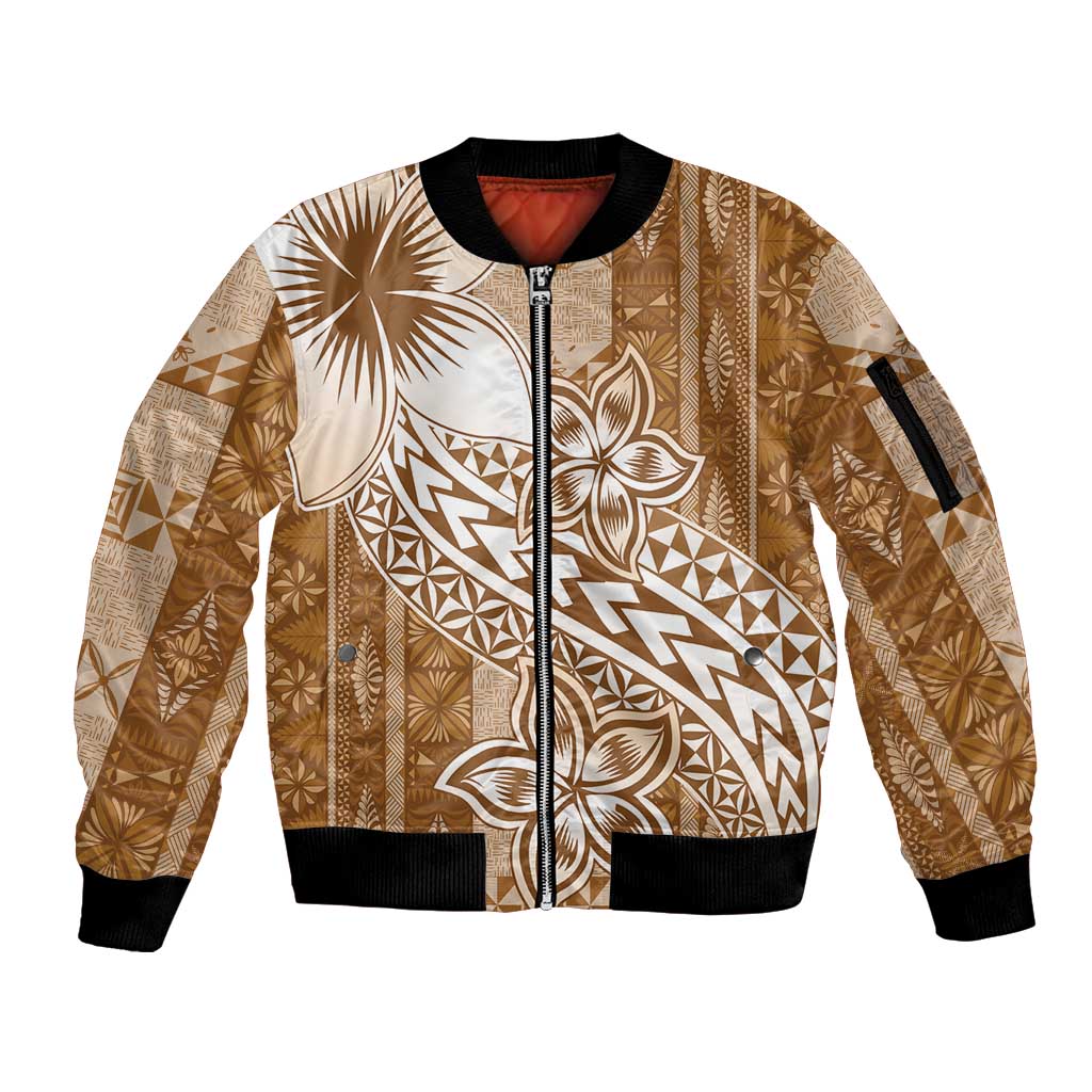 Tonga Kupesi Ngatu Sleeve Zip Bomber Jacket Vintage Brown Plumeria LT05 Unisex Brown - Polynesian Pride