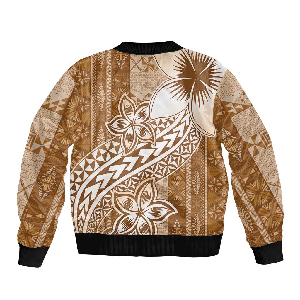 Tonga Kupesi Ngatu Sleeve Zip Bomber Jacket Vintage Brown Plumeria LT05 - Polynesian Pride
