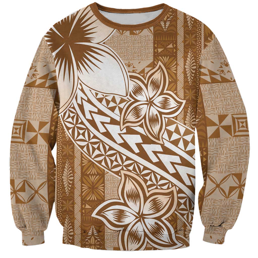 Tonga Kupesi Ngatu Sweatshirt Vintage Brown Plumeria LT05 Unisex Brown - Polynesian Pride