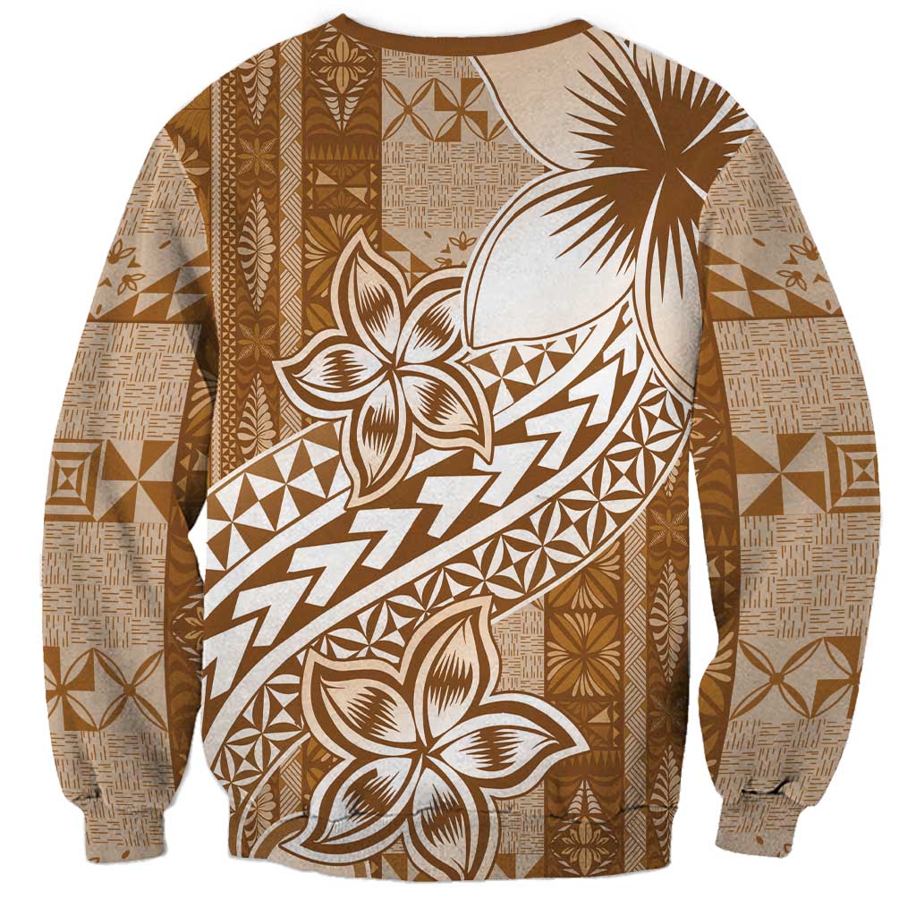 Tonga Kupesi Ngatu Sweatshirt Vintage Brown Plumeria LT05 - Polynesian Pride