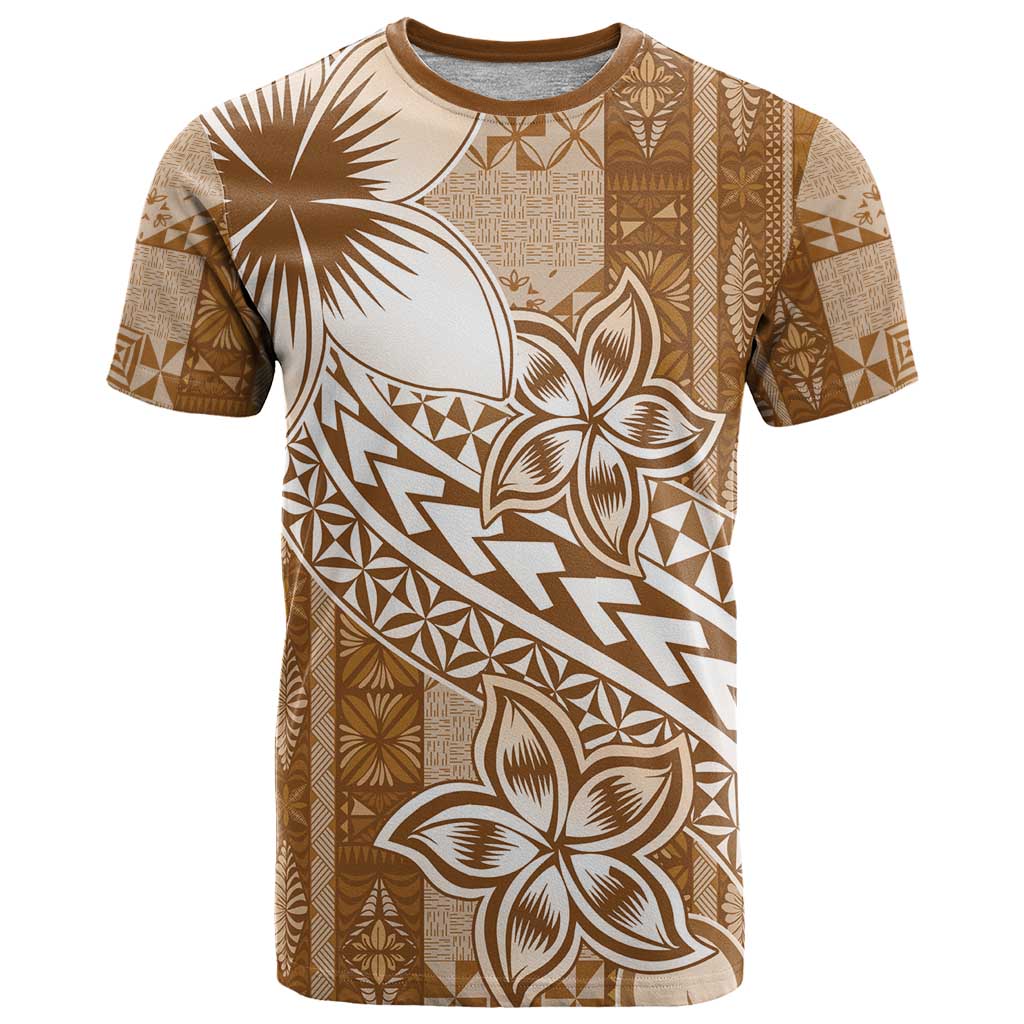 Tonga Kupesi Ngatu T Shirt Vintage Brown Plumeria LT05 Brown - Polynesian Pride