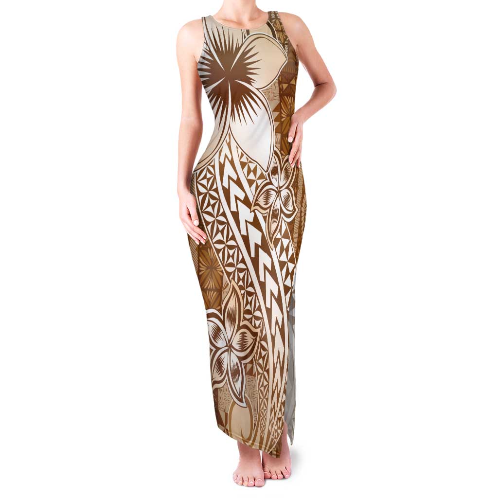 Tonga Kupesi Ngatu Tank Maxi Dress Vintage Brown Plumeria LT05 Women Brown - Polynesian Pride