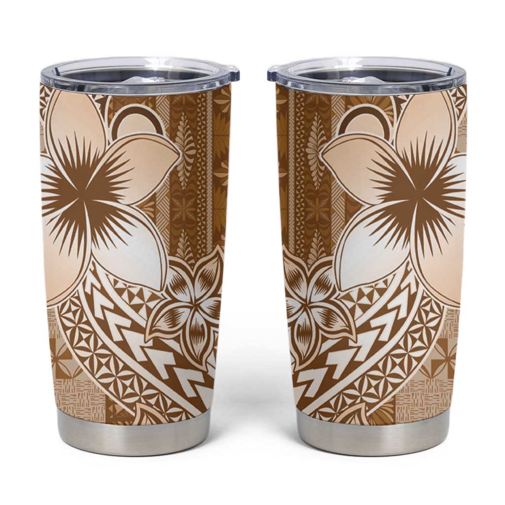 Tonga Kupesi Ngatu Tumbler Cup Vintage Brown Plumeria LT05 Brown - Polynesian Pride