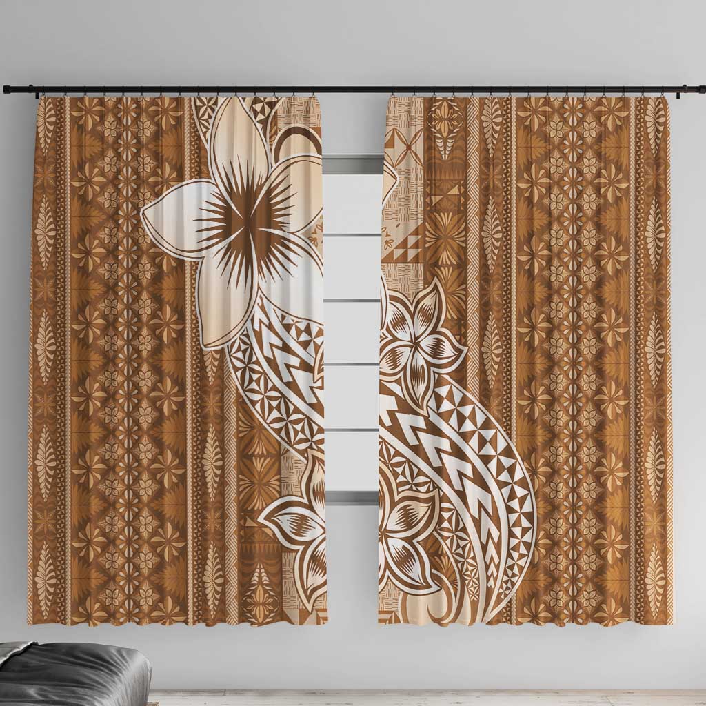 Tonga Kupesi Ngatu Window Curtain Vintage Brown Plumeria LT05 With Hooks Brown - Polynesian Pride