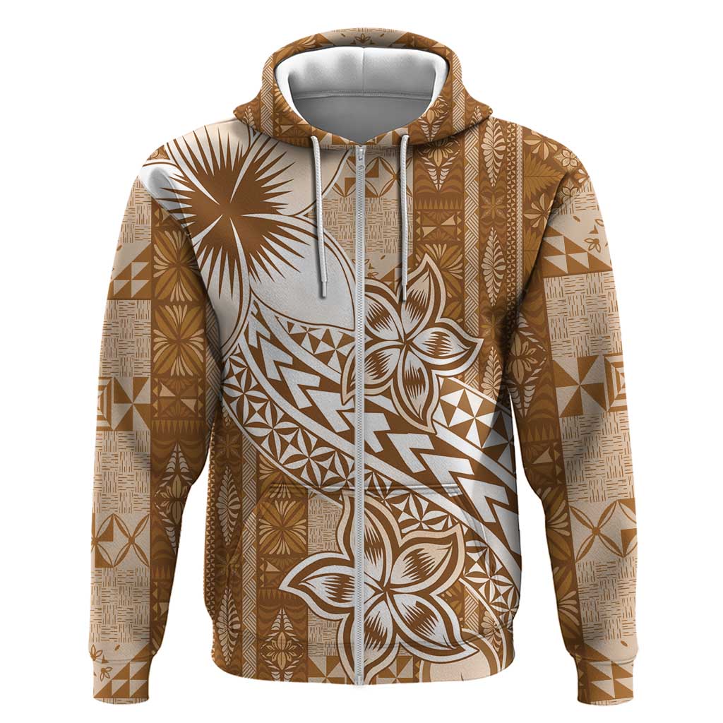 Tonga Kupesi Ngatu Zip Hoodie Vintage Brown Plumeria LT05 Zip Hoodie Brown - Polynesian Pride