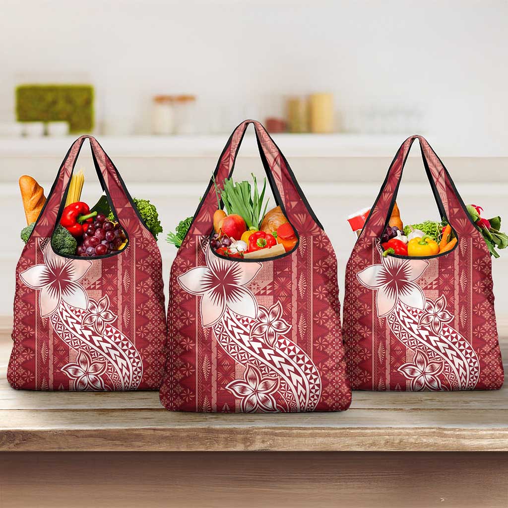 Tonga Kupesi Ngatu Grocery Bag Vintage Red Plumeria LT05 3-pack One Size Red - Polynesian Pride