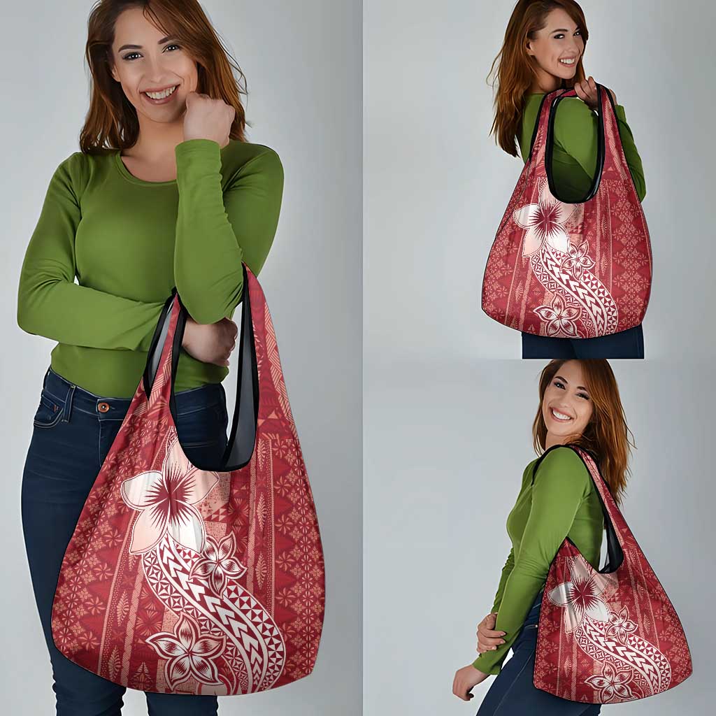 Tonga Kupesi Ngatu Grocery Bag Vintage Red Plumeria LT05 - Polynesian Pride