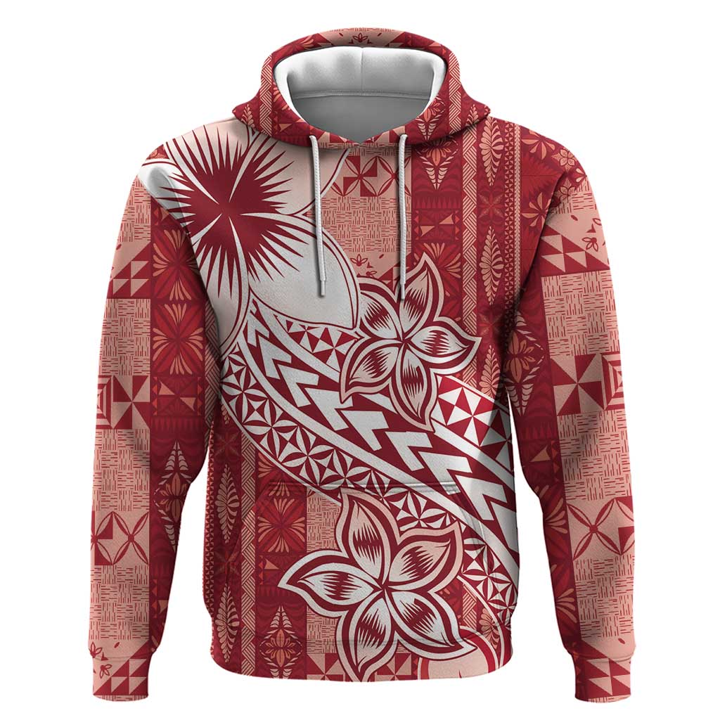 Tonga Kupesi Ngatu Hoodie Vintage Red Plumeria LT05 Pullover Hoodie Red - Polynesian Pride