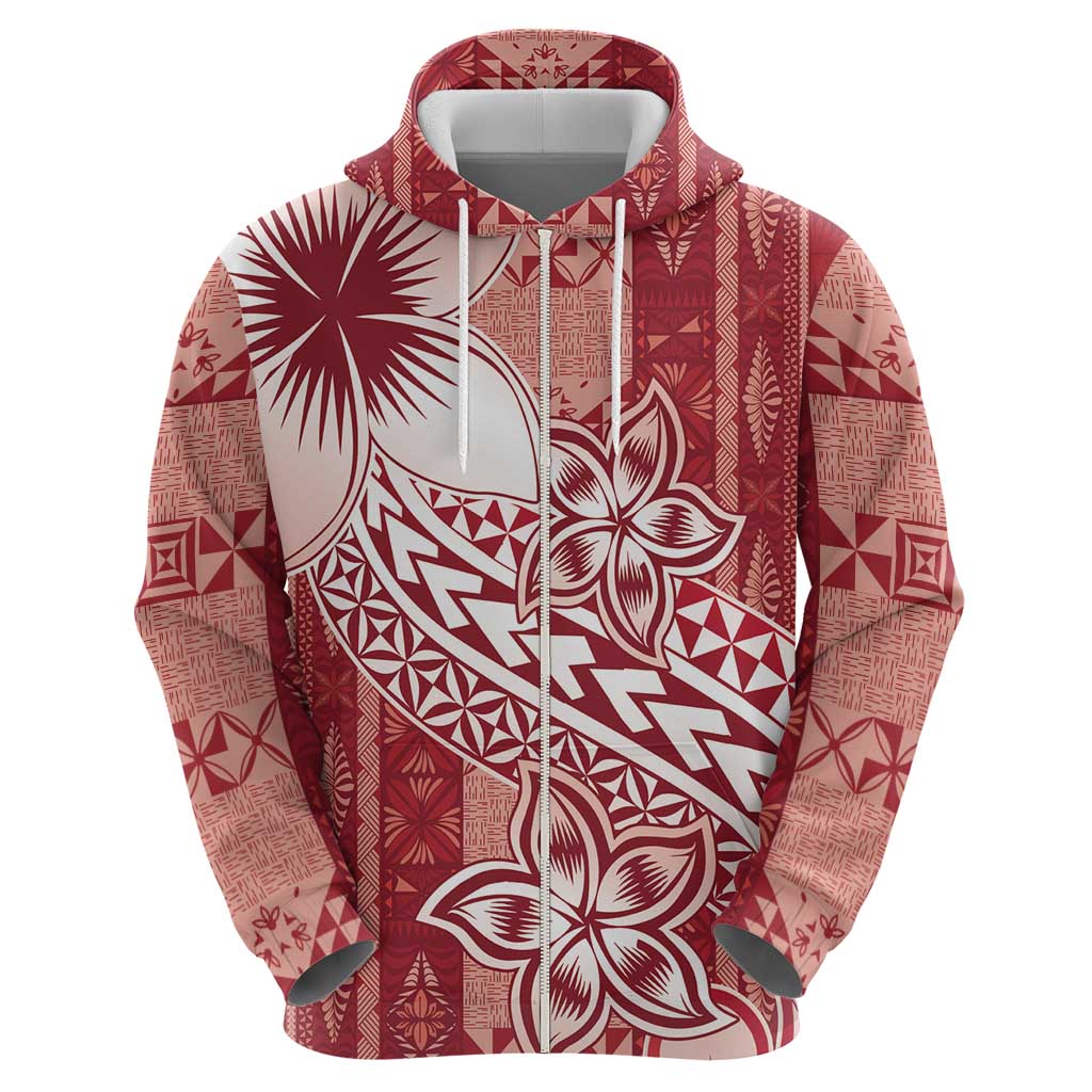 Tonga Kupesi Ngatu Hoodie Vintage Red Plumeria LT05 - Polynesian Pride