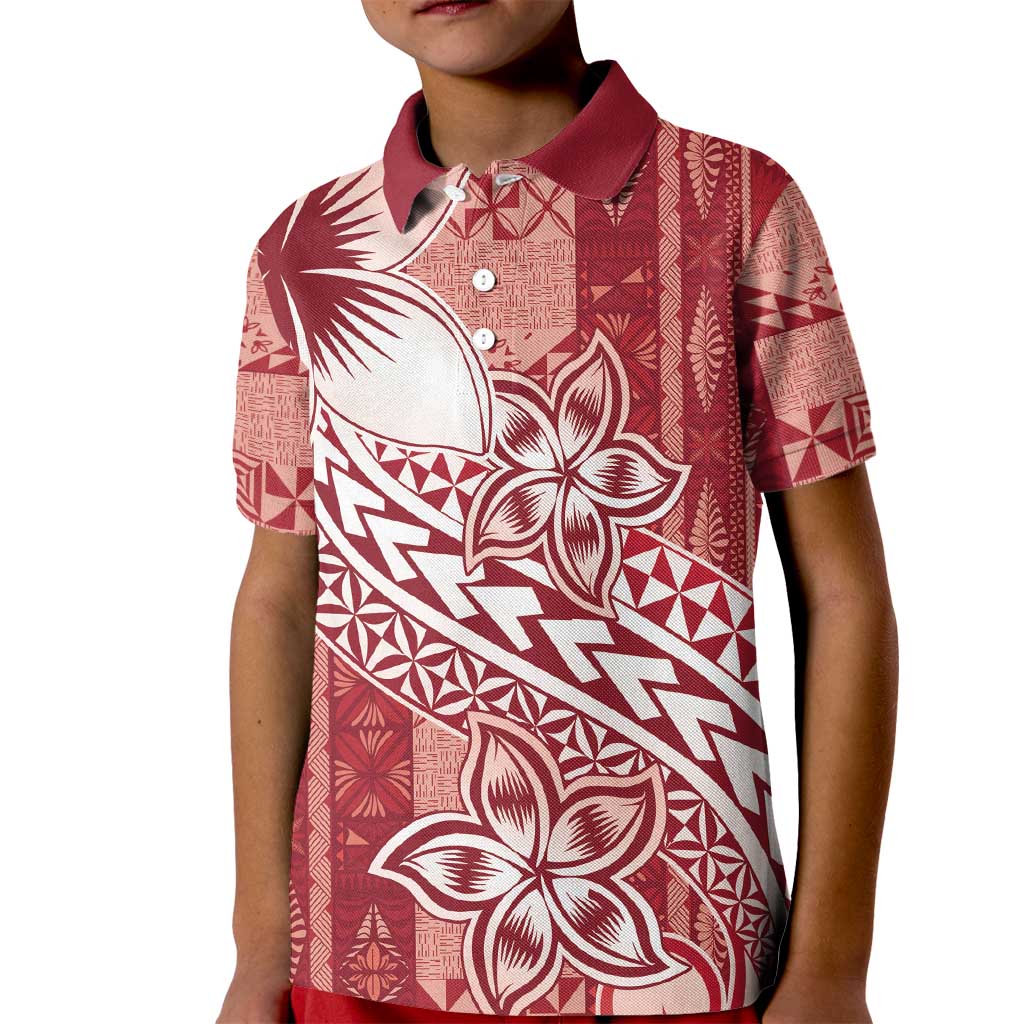 Tonga Kupesi Ngatu Kid Polo Shirt Vintage Red Plumeria LT05 Kid Red - Polynesian Pride