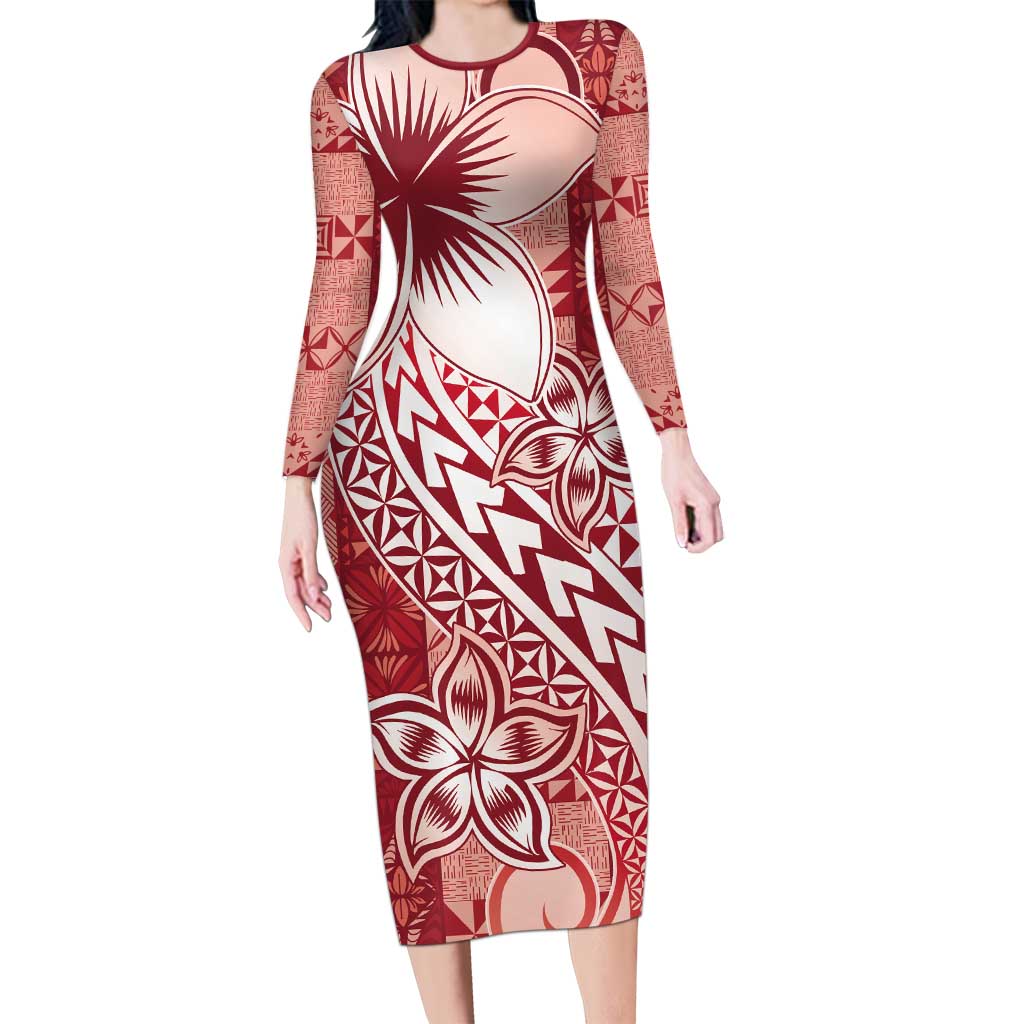 Tonga Kupesi Ngatu Long Sleeve Bodycon Dress Vintage Red Plumeria LT05 Long Dress Red - Polynesian Pride