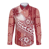 Tonga Kupesi Ngatu Long Sleeve Button Shirt Vintage Red Plumeria LT05 Unisex Red - Polynesian Pride