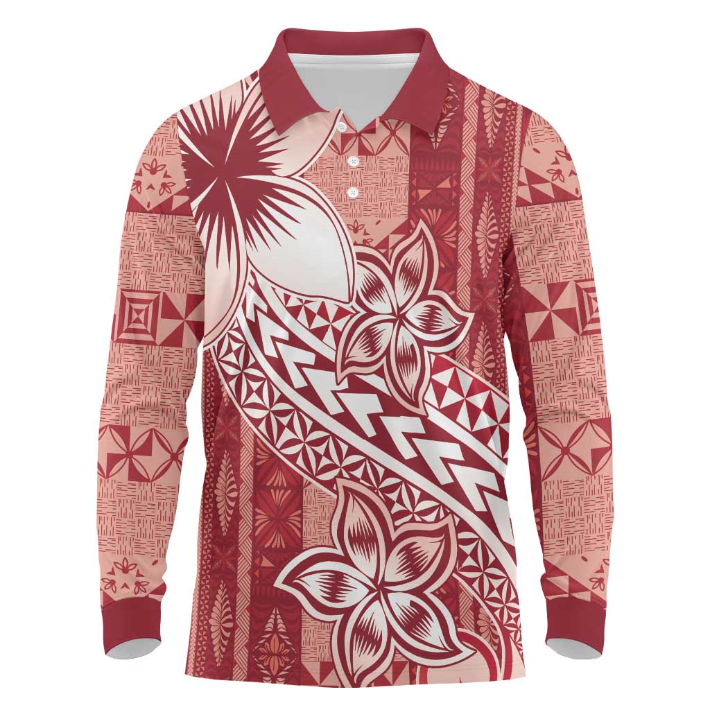 Tonga Kupesi Ngatu Long Sleeve Polo Shirt Vintage Red Plumeria LT05 Red - Polynesian Pride
