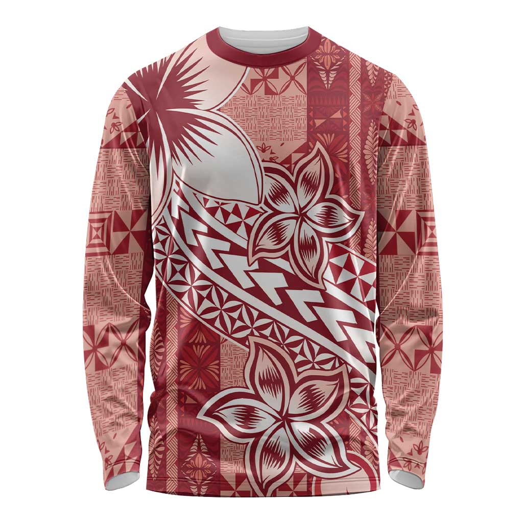 Tonga Kupesi Ngatu Long Sleeve Shirt Vintage Red Plumeria LT05 Unisex Red - Polynesian Pride