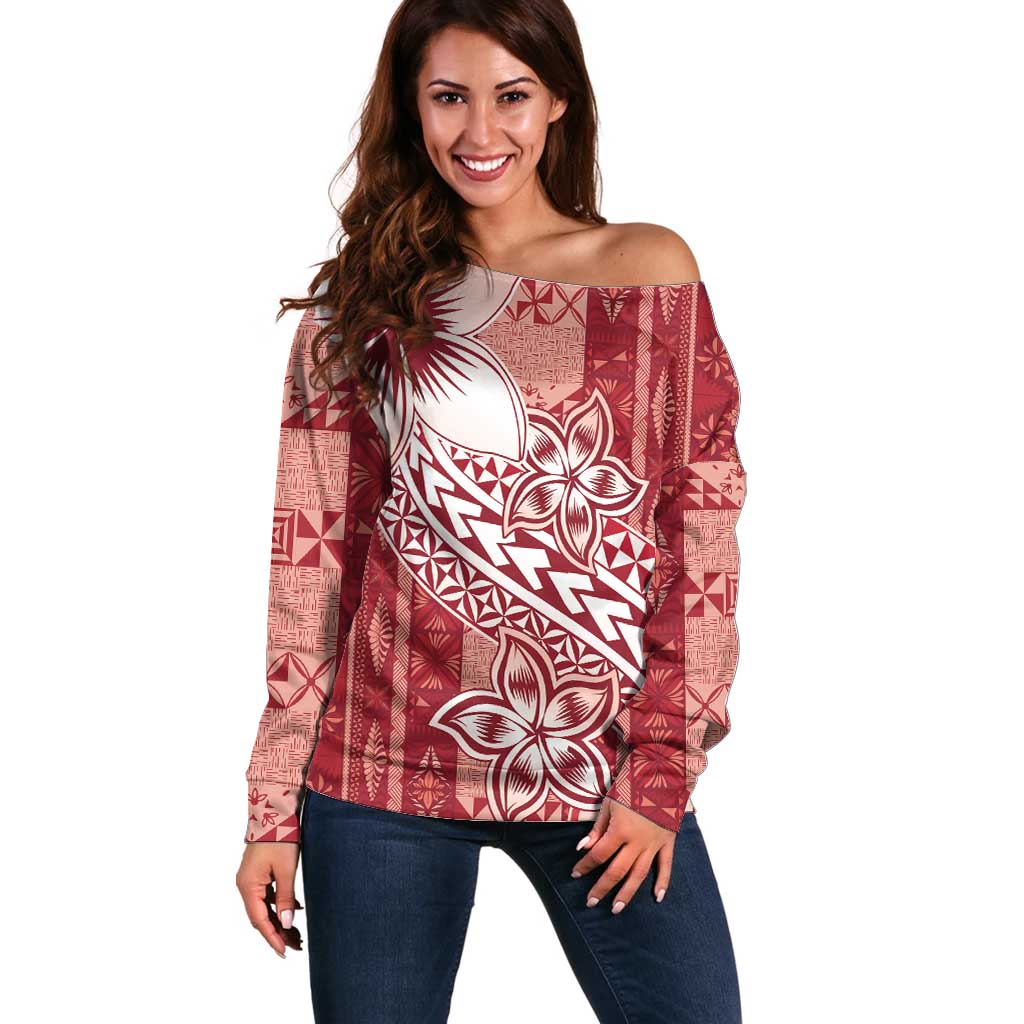 Tonga Kupesi Ngatu Off Shoulder Sweater Vintage Red Plumeria LT05 Women Red - Polynesian Pride