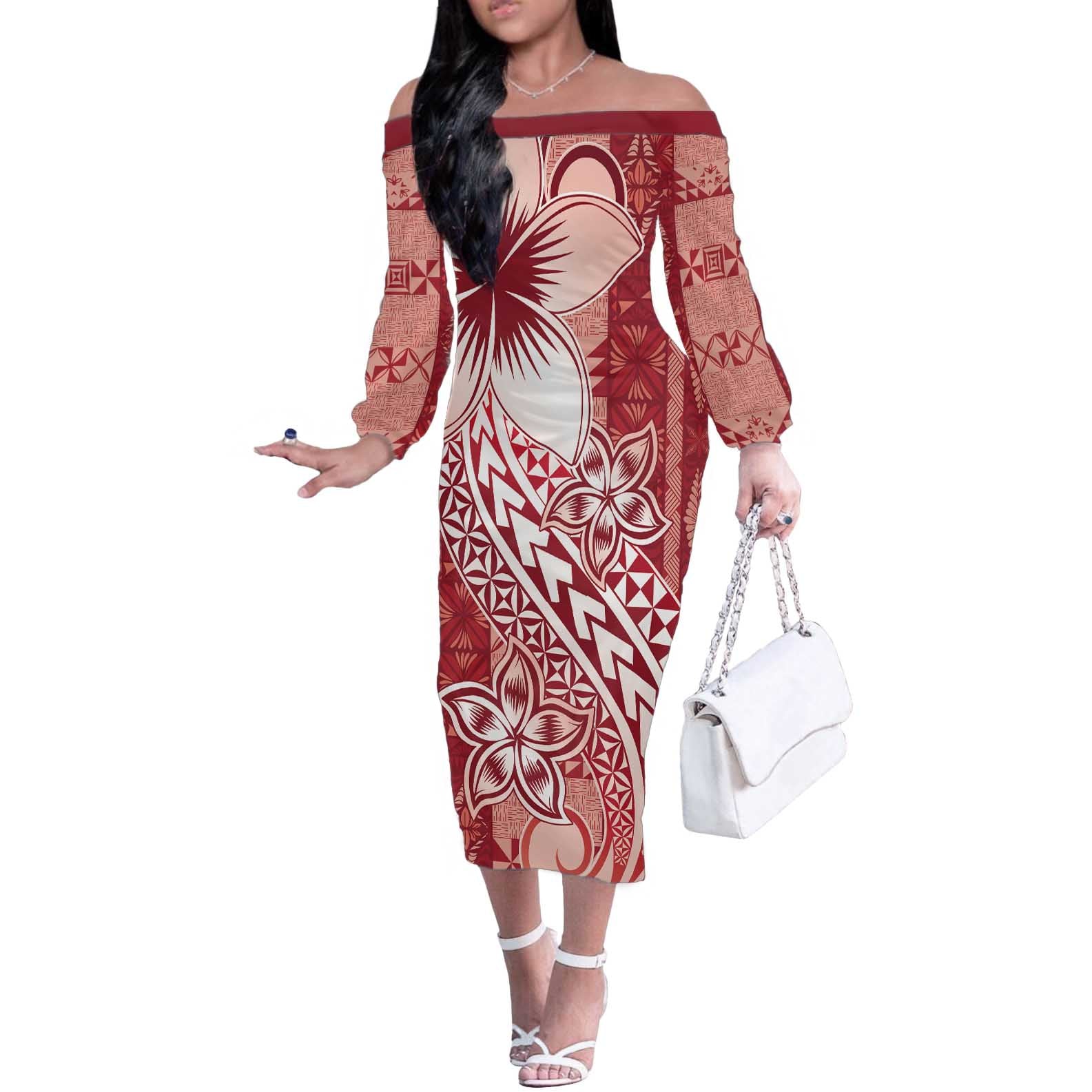 Tonga Kupesi Ngatu Off The Shoulder Long Sleeve Dress Vintage Red Plumeria LT05 Women Red - Polynesian Pride