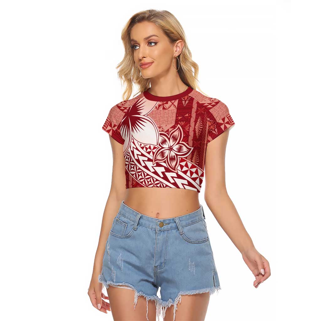 Tonga Kupesi Ngatu Raglan Cropped T Shirt Vintage Red Plumeria LT05 Female Red - Polynesian Pride