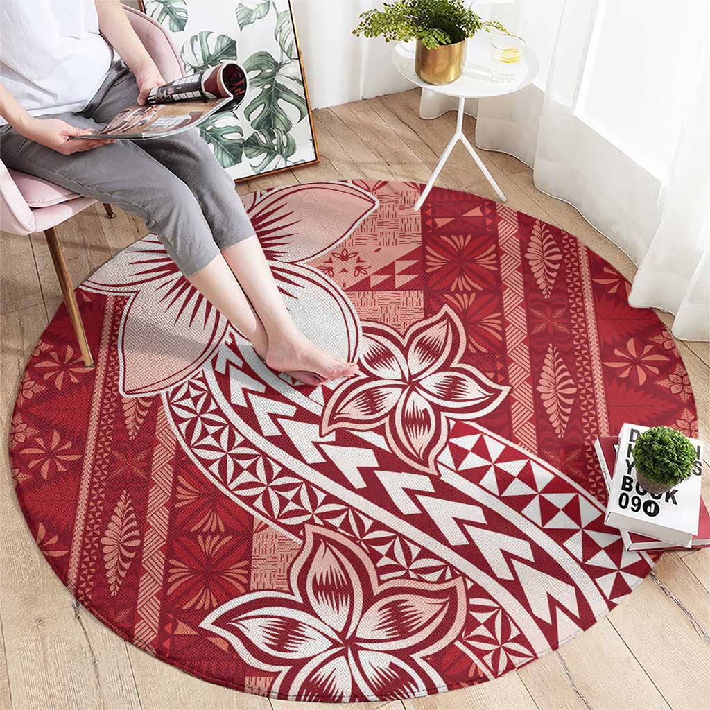 Tonga Kupesi Ngatu Round Carpet Vintage Red Plumeria LT05 - Polynesian Pride
