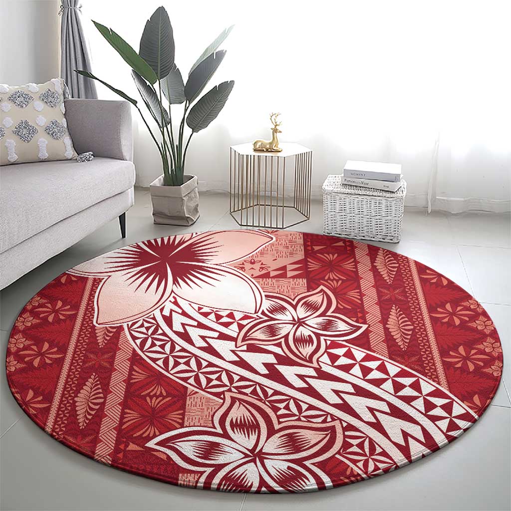 Tonga Kupesi Ngatu Round Carpet Vintage Red Plumeria LT05 - Polynesian Pride
