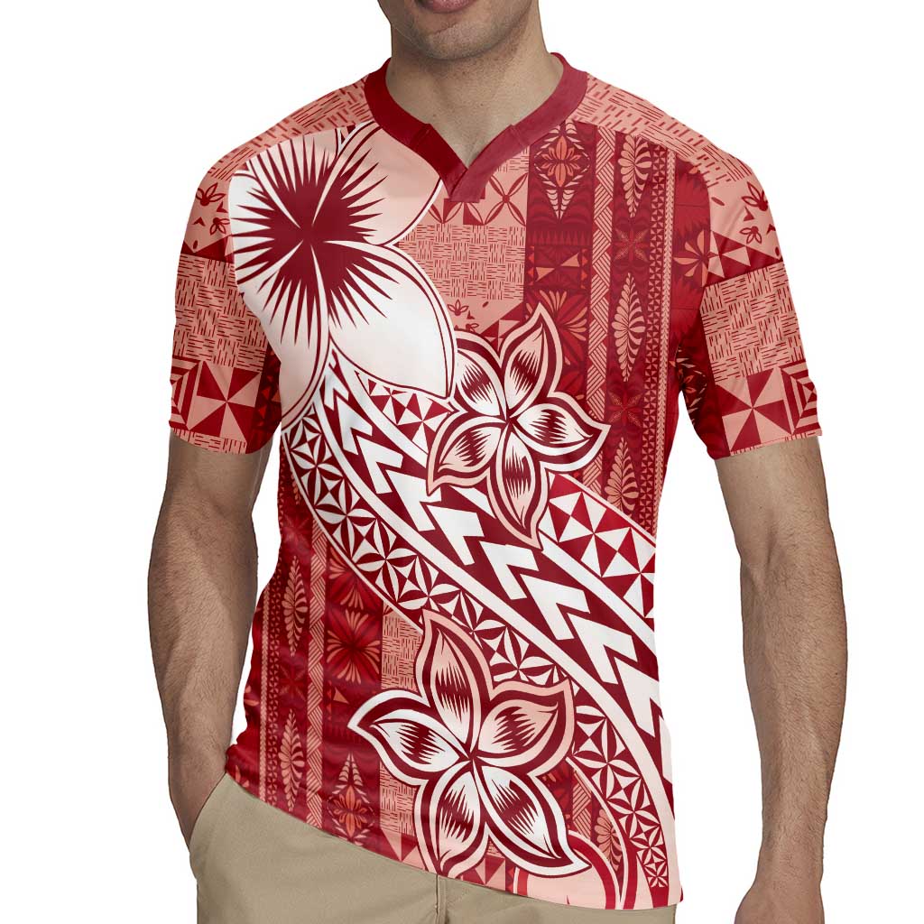 Tonga Kupesi Ngatu Rugby Jersey Vintage Red Plumeria LT05 - Polynesian Pride