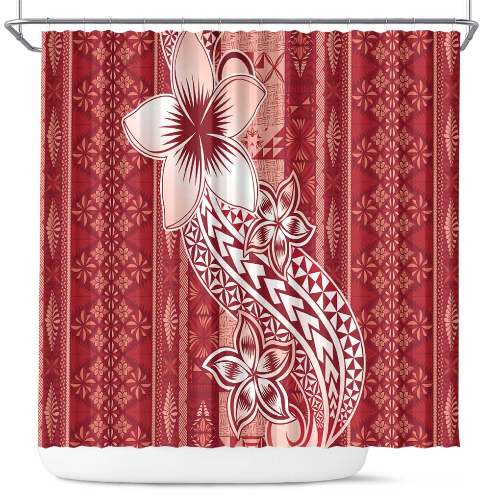 Tonga Kupesi Ngatu Shower Curtain Vintage Red Plumeria LT05 Red - Polynesian Pride