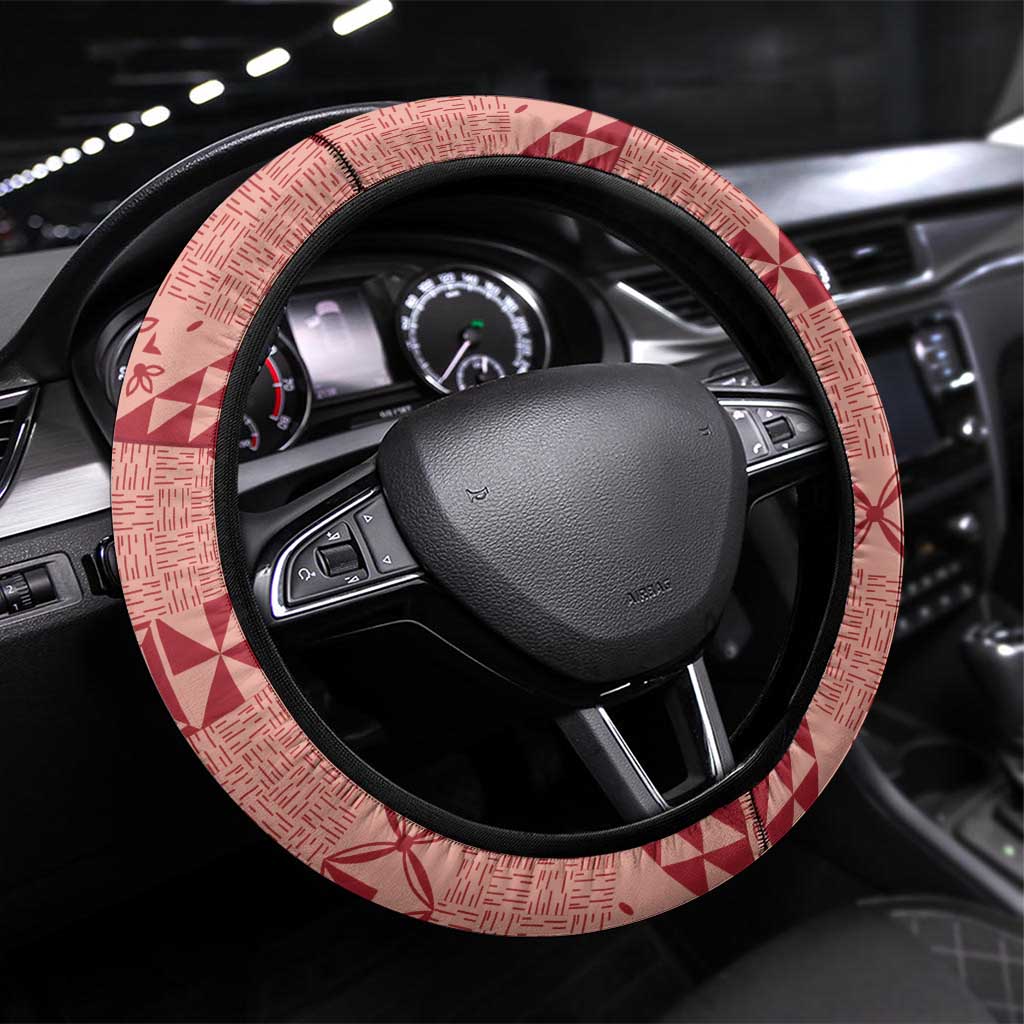 Tonga Kupesi Ngatu Steering Wheel Cover Vintage Red Plumeria LT05 Universal Fit Red - Polynesian Pride