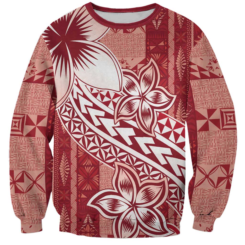 Tonga Kupesi Ngatu Sweatshirt Vintage Red Plumeria LT05 Unisex Red - Polynesian Pride