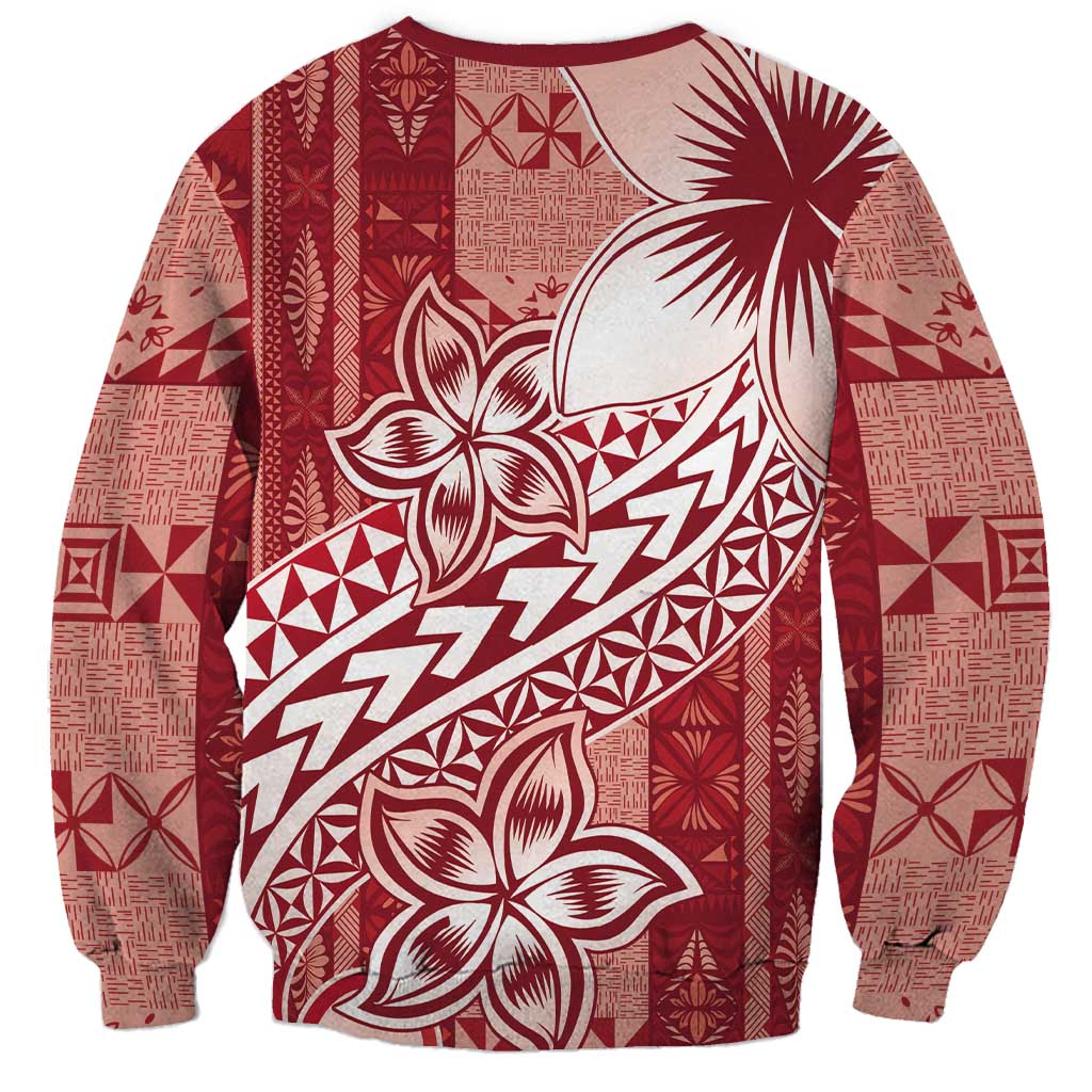 Tonga Kupesi Ngatu Sweatshirt Vintage Red Plumeria LT05 - Polynesian Pride