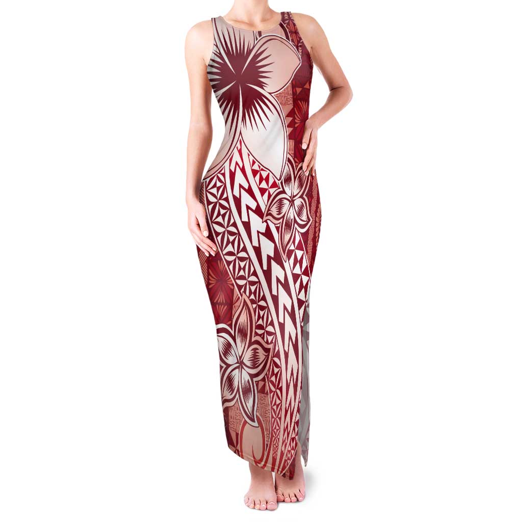 Tonga Kupesi Ngatu Tank Maxi Dress Vintage Red Plumeria LT05 Women Red - Polynesian Pride