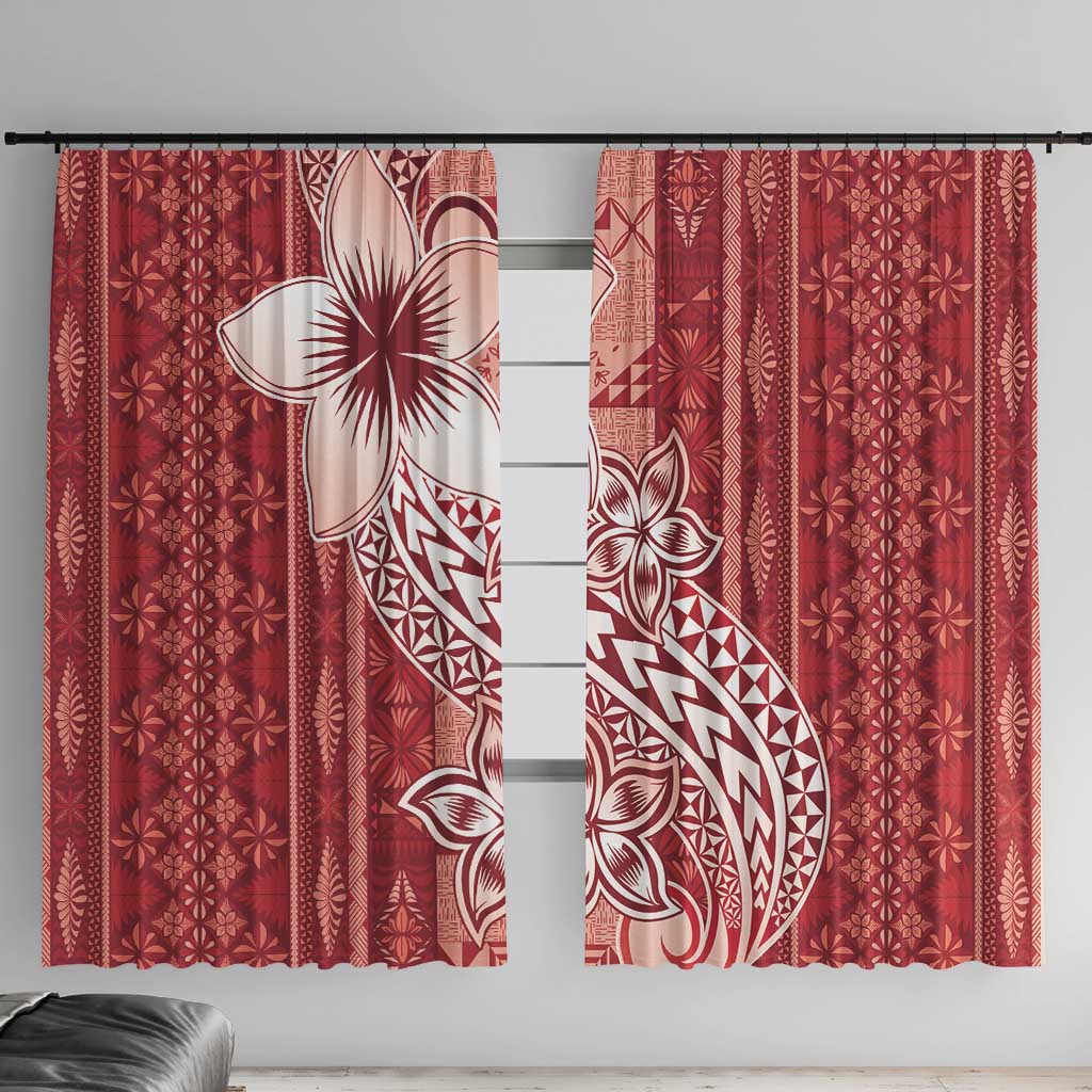 Tonga Kupesi Ngatu Window Curtain Vintage Red Plumeria LT05 With Hooks Red - Polynesian Pride