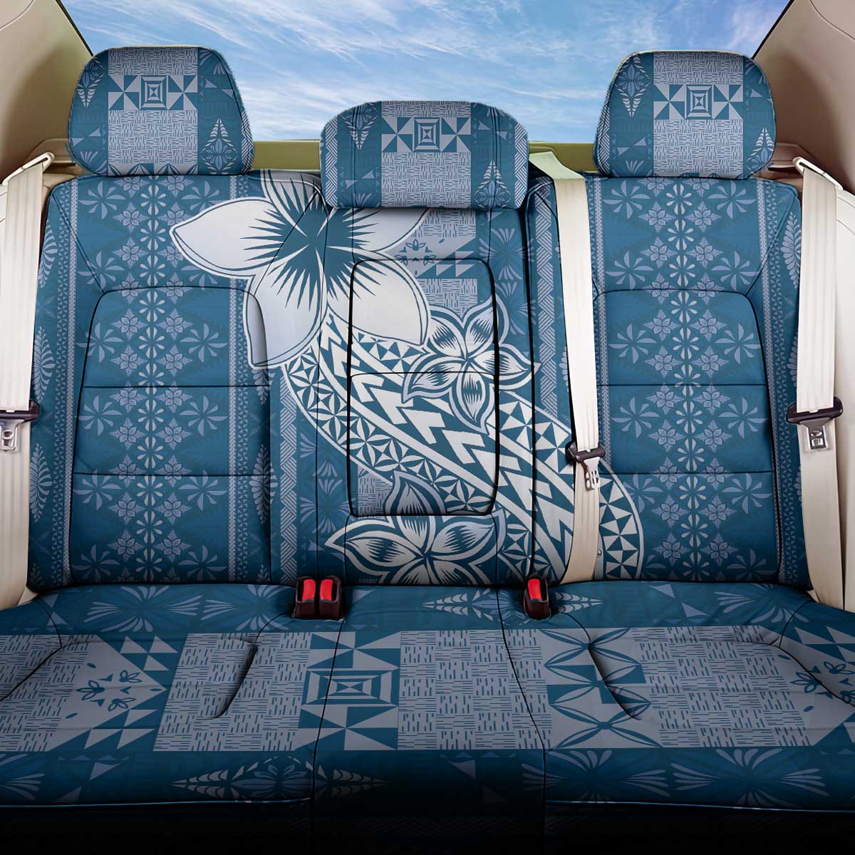 Tonga Kupesi Ngatu Back Car Seat Cover Vintage Blue Plumeria LT05 One Size Blue - Polynesian Pride