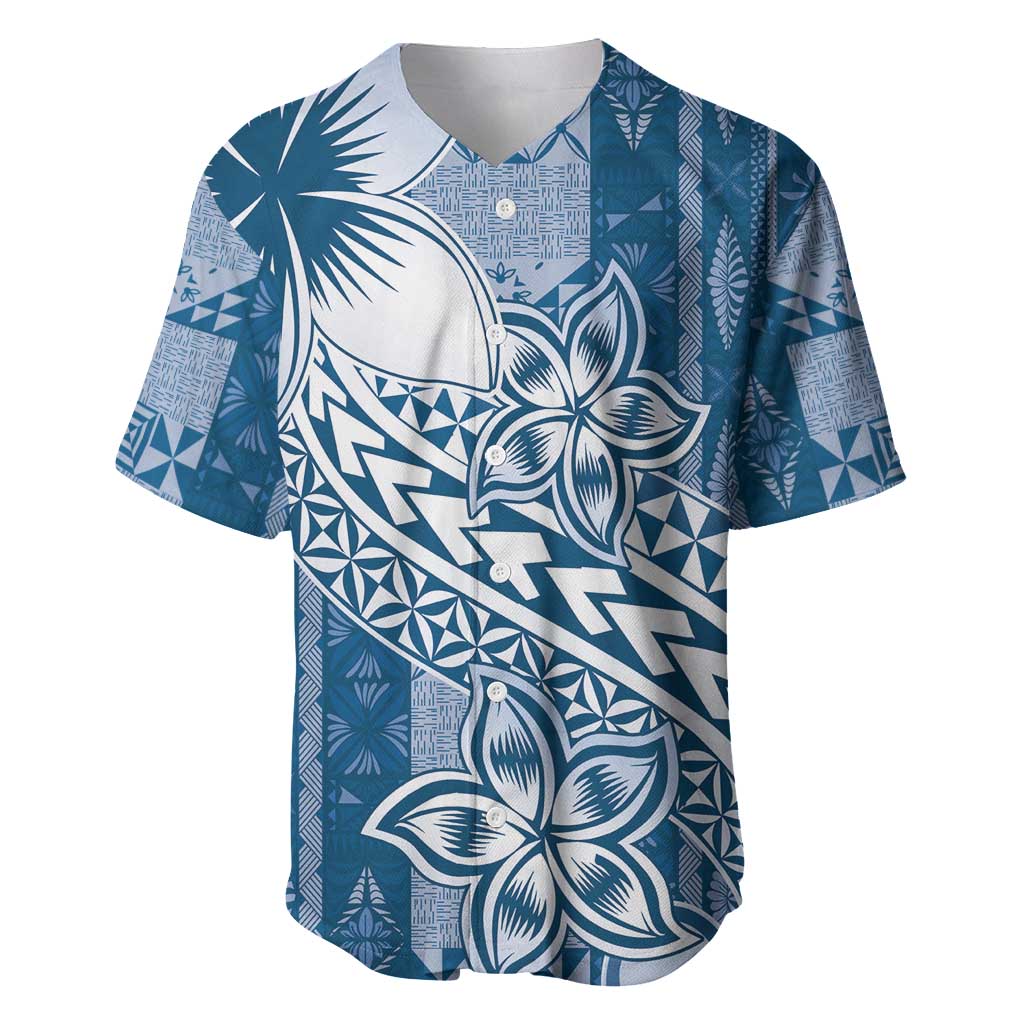 Tonga Kupesi Ngatu Baseball Jersey Vintage Blue Plumeria LT05 Blue - Polynesian Pride