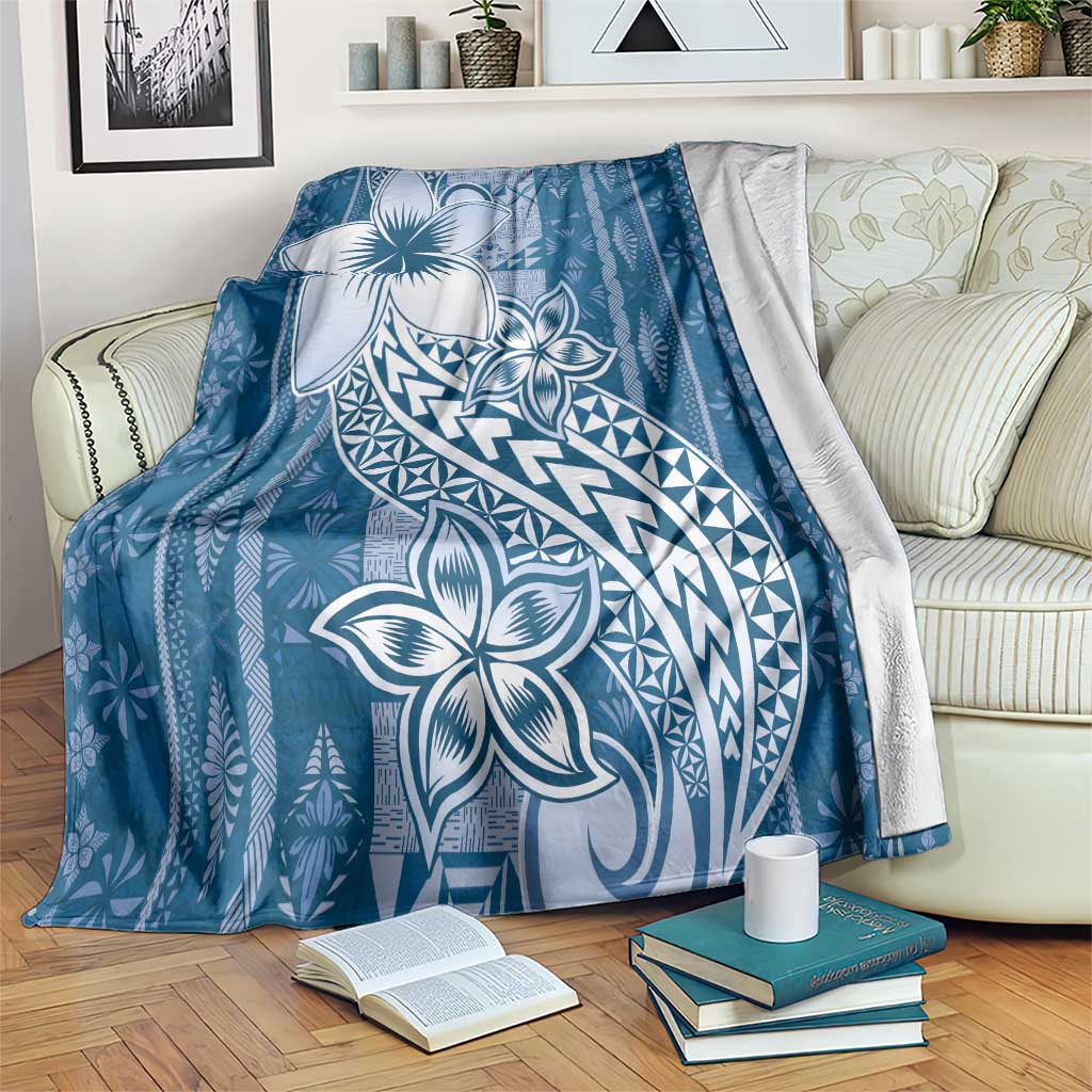 Tonga Kupesi Ngatu Blanket Vintage Blue Plumeria LT05 Blue - Polynesian Pride
