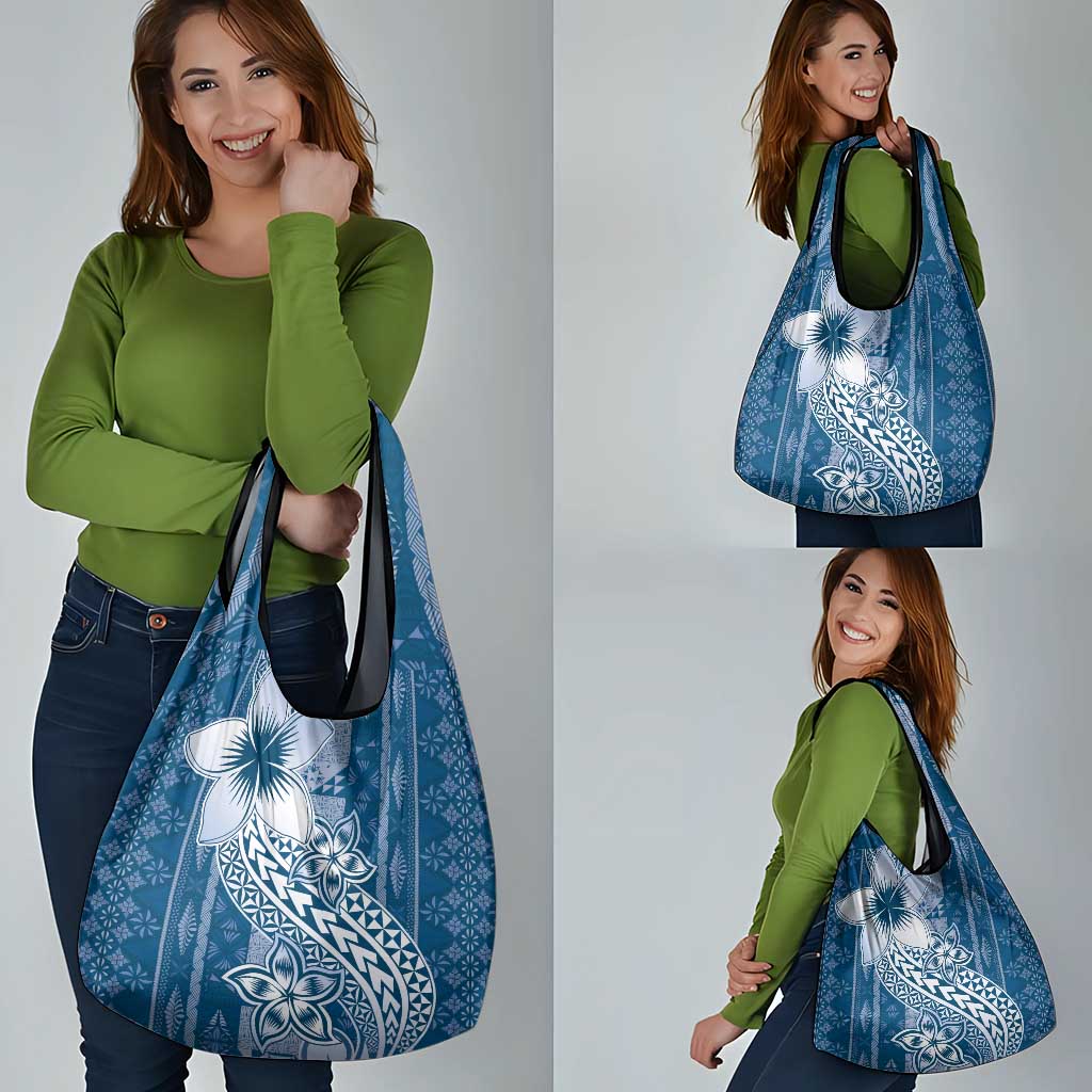 Tonga Kupesi Ngatu Grocery Bag Vintage Blue Plumeria LT05 - Polynesian Pride