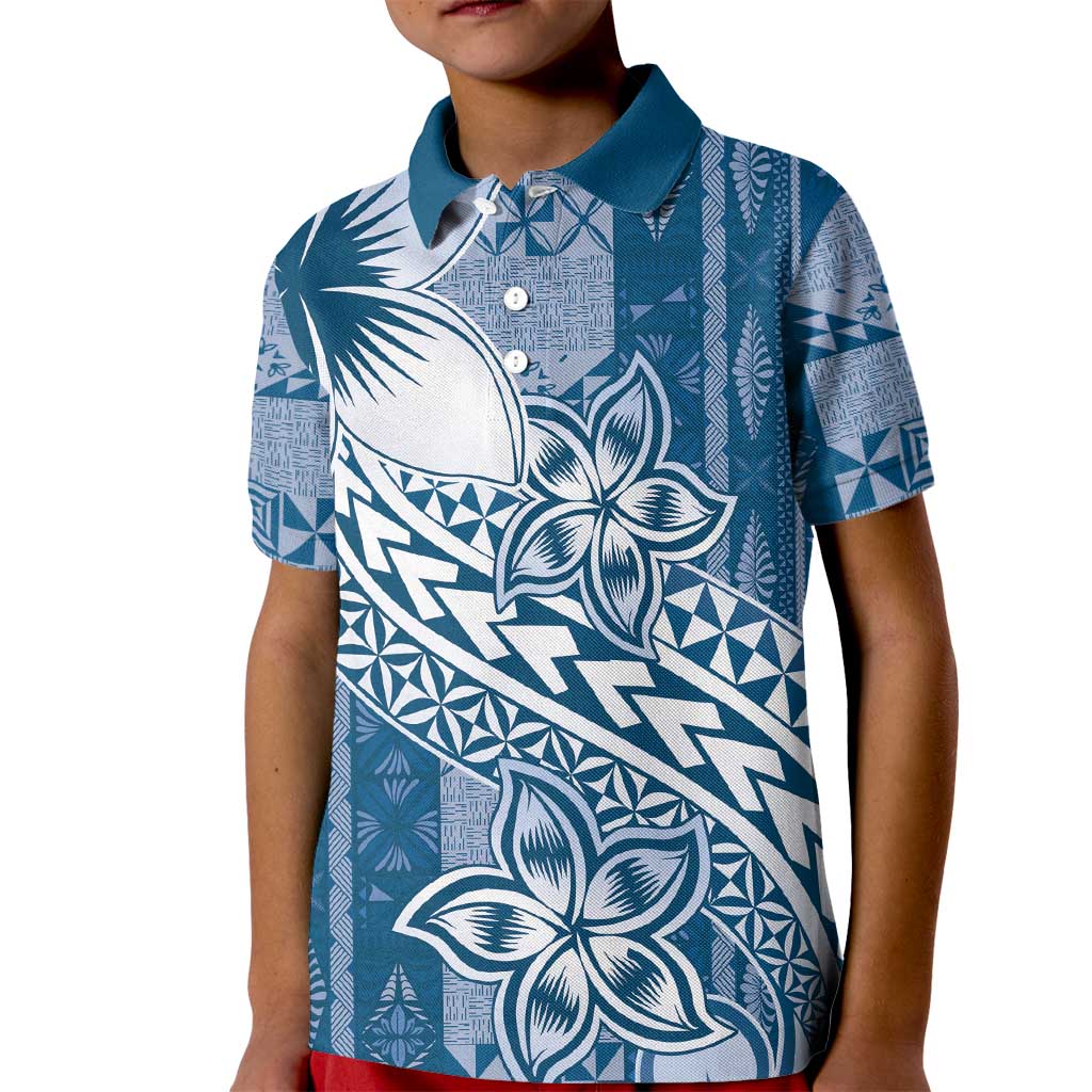 Tonga Kupesi Ngatu Kid Polo Shirt Vintage Blue Plumeria LT05 Kid Blue - Polynesian Pride