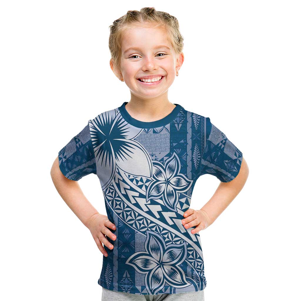 Tonga Kupesi Ngatu Kid T Shirt Vintage Blue Plumeria LT05 Blue - Polynesian Pride